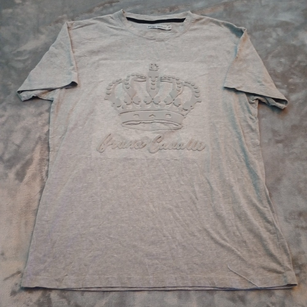 Bruno Cavalli T-Shirt Mens Sz M Gray Raised Crown Logo Spellout Cotton Blend